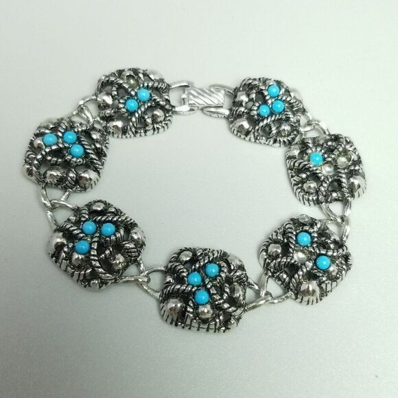 Vintage Avon Blue and Silver Tone 6 Panel Chain Bracelet, Singed Estate - Picture 2 of 8